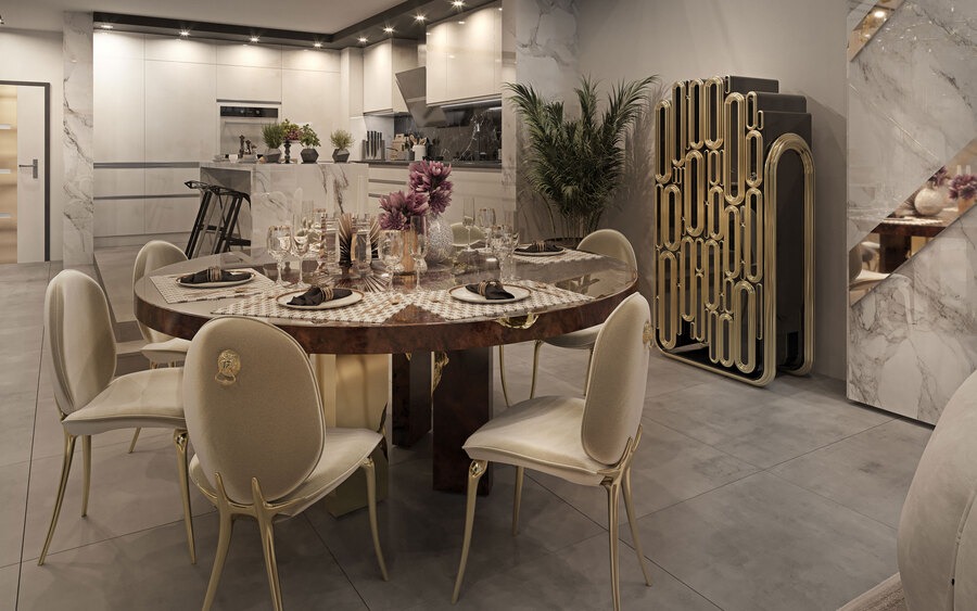 wooden dining table with velvet and golden chairs