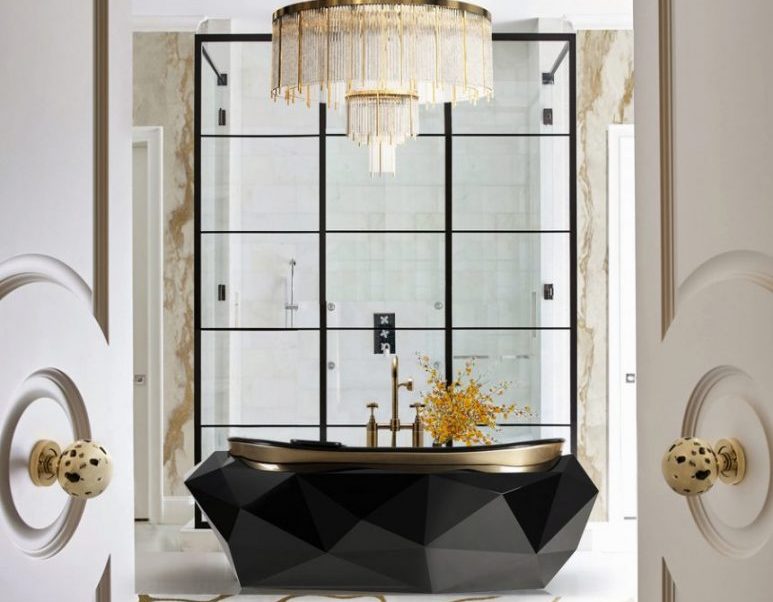 Glossy diamond shaped bathtub in a luxurious bathroom with beautiul chandelier